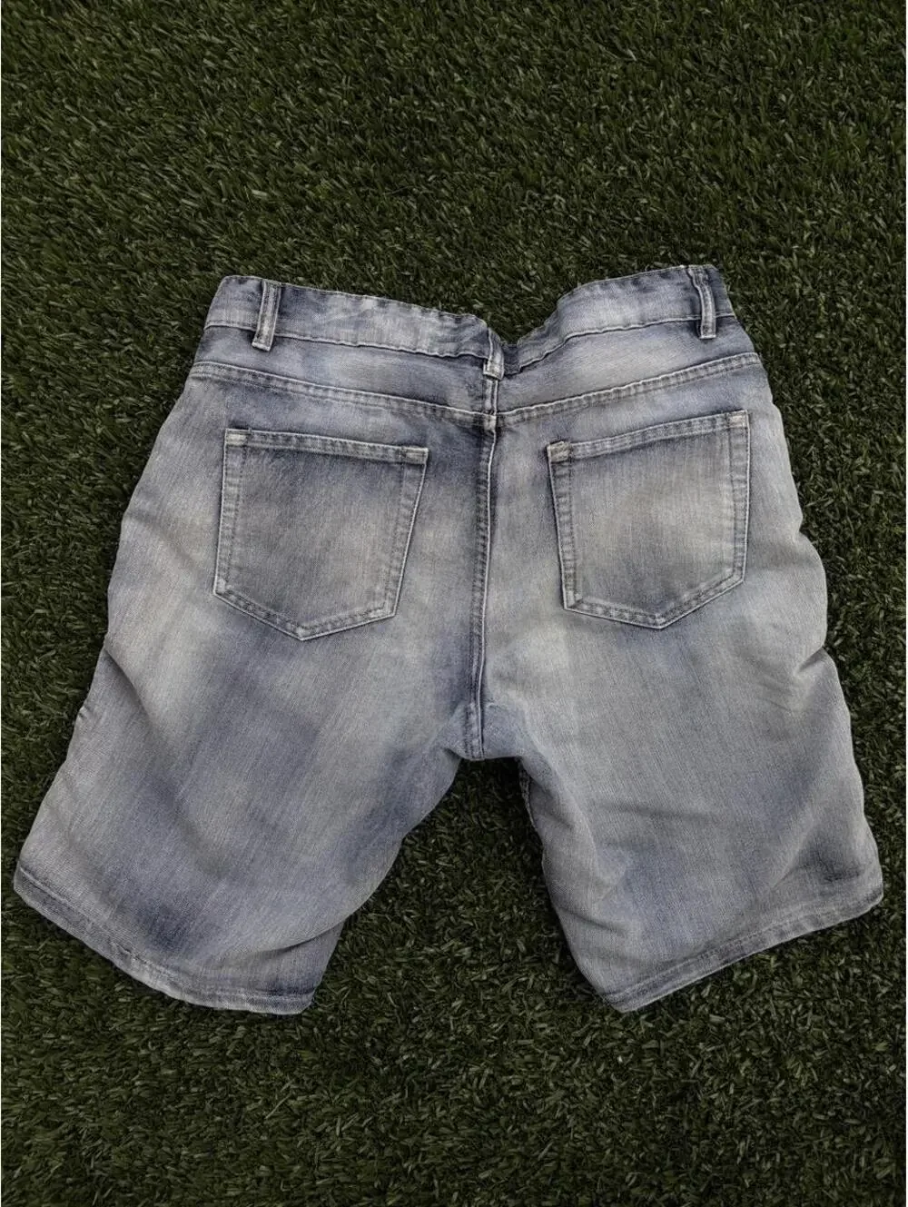 Echo Men's Blue Denim Y2K Shorts with Black Wavy Stripe Pattern Size 36